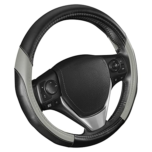 Motor Trend SportDrive Faux Leather Steering Wheel Cover, Standard 15 inch Size, Two-Tone Black & Light Gray, Car Steering Wheel Cover for Truck Van SUV Auto