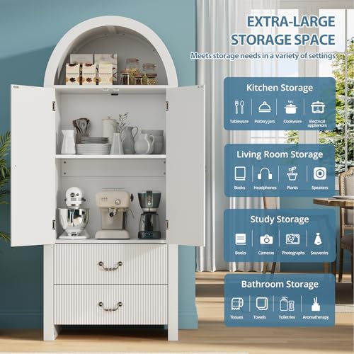 Image of FURSUN 71 inch Arched Storage Cabinet with Fluted Doors, Tall Wood Pantry Cabinet with Drawers & Adjustable Shelves, Modern Coffee Bar Cabinet, White
