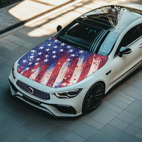 Image of Car Hood Cover 59x39 Inch Stretchable Wolf and American Flag Print Auto Hood Wraps Waterproof Auto Outdoor Decorations for Compact Sedans SUV Trucks Minivan