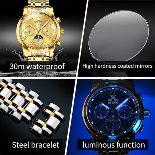 Image of OLEVS Mens Automatic Watch Mechanical Self Winding Luxury Business Dress Moon Phase Stainless Steel Calendar Wrist Watches for Men Waterproof Luminous