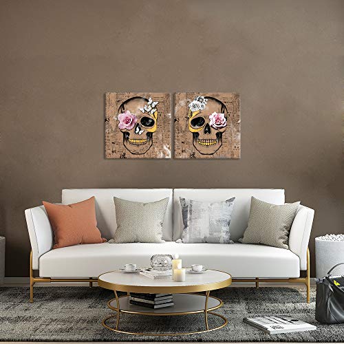 Zlove 2 Pieces Set Human Skull Canvas Wall Art Skeleton Head With Pink Rose Butterfly Vintage Art Print For Bathroom Rustic Home Decor Stretched And Framed Ready To Hang 12X12Inchx2Pcs #TOP3