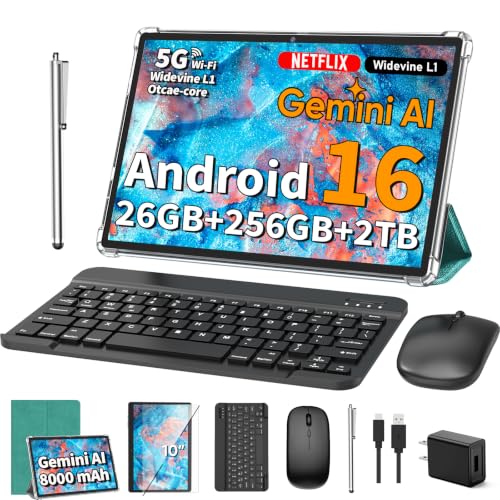 Image of 10 Inch Tablet with Keyboard - Android 16 Tablet with 26GB+256GB+2TB Expand | Gemini AI Tablet PC with 8-Core, 5G WiFi, 8000mAh, GPS, GMS, 2026 2 in 1 Electronic Tablet with Case, Mouse, Stylus (Green)
