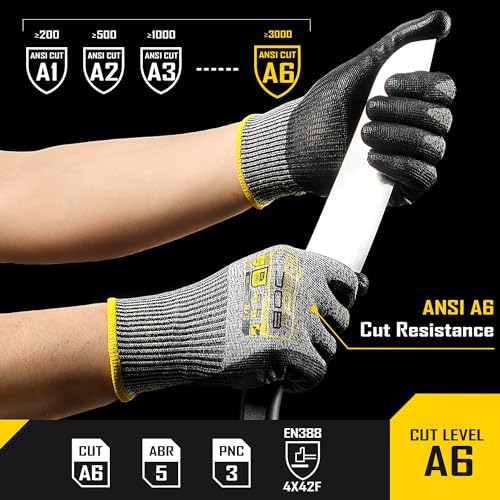 COOLJOB 12/120 Pairs A6 Cut Resistant Safety Work Gloves with Grip, Breathable & Lightweight Polyurethane PU Coated Protective Gloves for Wood Carving, Glass Handling, Mechanic Work, Gray Large