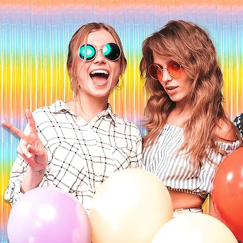 Image of 6 Pack Light Raainbow Foil Fringe Curtain Backdrop, 3.28Ft x 8.2Ft Metallic Tinsel Foil Fringe Streamer Curtains for Photo Booth, Christmas Day, Thanksgiving, Wedding, New Year Party Decorations