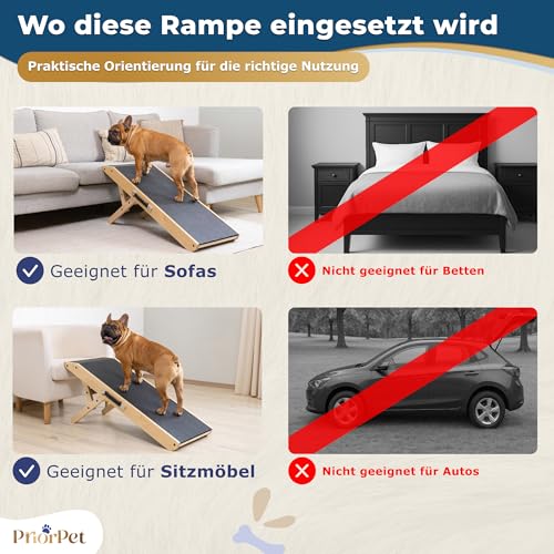 Hunderampe - Hundetreppe für kleine Hunde und große Hunde - Einstellbar 18-53 cm - Für Bett Sofa - Birkenholz - Landeplattform schließt nahtlos an - Rampe Hund Klappbar - Anti-rutsch Einsatz Naturel