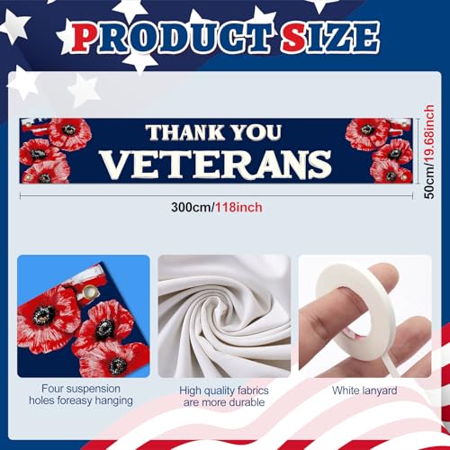 Image of BlissYard Patriotic Banner Thank You Veterans Decorations Banner 118 x 20 inch Independence Day American Flag Outdoor Banner for Yard Fence Porch, Veterans Day Memorial Day Decorations