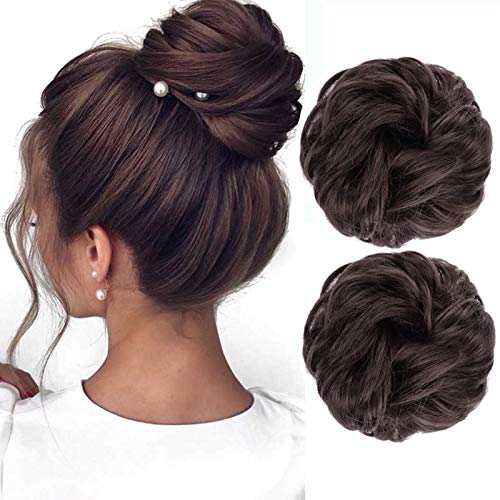 2-Pieces Messy Bun Hair Piece, Updo Messy Hair Extensions, Hair Scrunchies for Women, Rose Bun Hair Scrunchies Curly Hair Bun Hairpiece (Dark Brown)