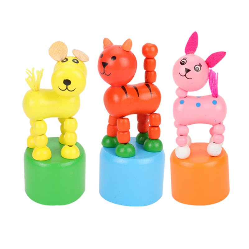 TOYANDONA 3Pcs Wooden Finger Puppet, Kids Animal Push Up Press Base Toy Thumb Puppets Dancing Rocking Animal Toys Party Favors for Toddlers Kids Gifts -Random Style