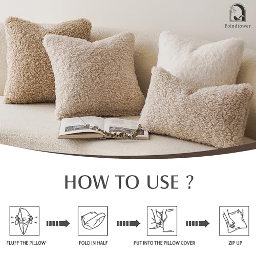 Image of Foindtower 2 Pieces 20x20 Inch Light Khaki, Faux Fur Throw Pillow Cover Accent Sherpa Pillow Fuzzy Soft Pillowcases Sheepskin Decorative Fleece Cushion Case for Bed Couch Living Room