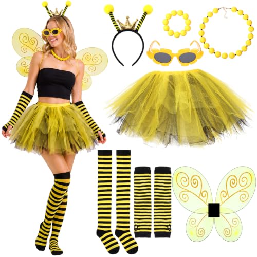 Hicarer 8 Pcs Bee Costume Set, Wings Headband Tutu Skirt Socks for Women