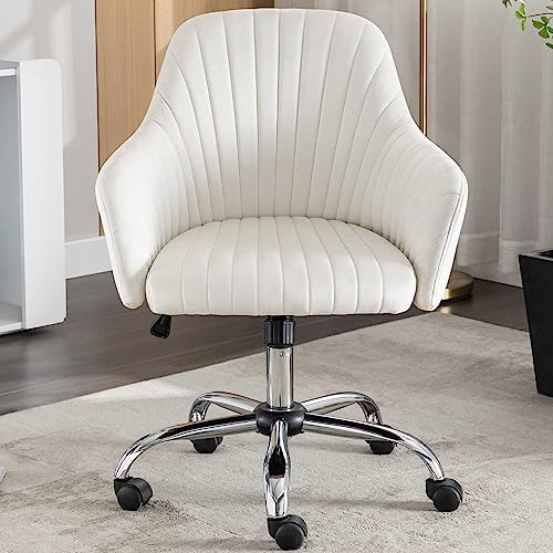 Vanity Chair with Back for Makeup Room,Velvet Home Office Desk Chairs with Adjustable Height and Wheels,Ergonomic Study Chair for Woman,Student,Adults (Beige)