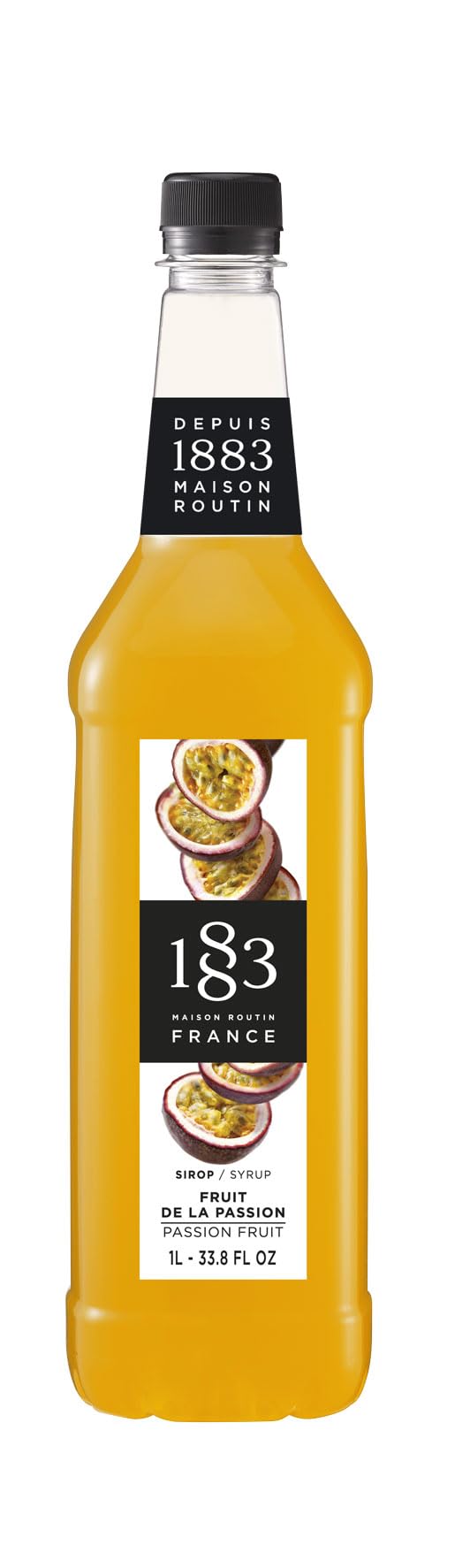 1883 Maison Routin Premium Passion Fruit Syrup for Passion Fruit Martinis, Cocktails, Mocktails, Smoothies, and Iced Coffee - Vegan-Friendly, Allergen-Free, Preservative Free- 1L PET Bottle