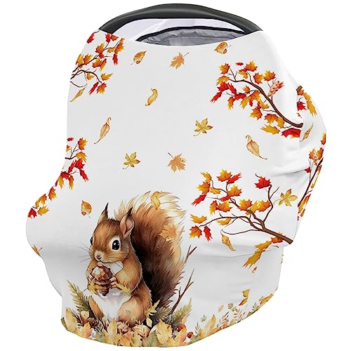 Nursing Cover for Breastfeeding Scarf, Fall Leaves Squirrel Baby Car Covers Super Soft Multi Use for Canopy Shopping Cart Cover Blanket Stroller Cover
