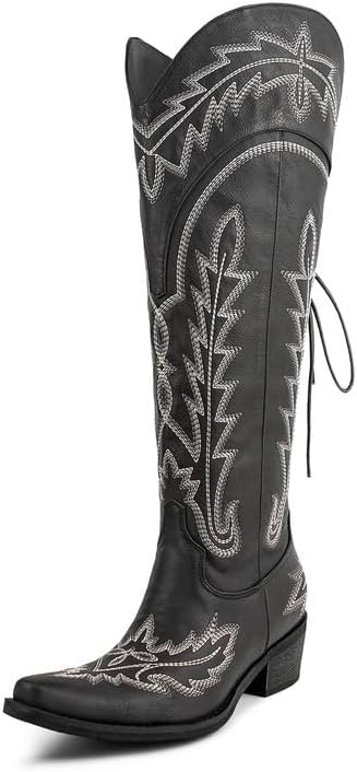 Atuelang Cowboy Boots for Women Knee High Cowgirl Boots Wide Calf Western Embroidered Lace Up Fashion Boot