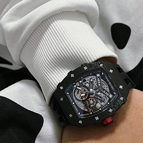 Image of TSAR BOMBA Men's Automatic Watch Tonneau Luxury Skeleton Watches for Men Mechanical 50M Waterproof Analogue Watches Mens Unique Cool Square Big Face Dial Wristwatch with Silicone Strap Band