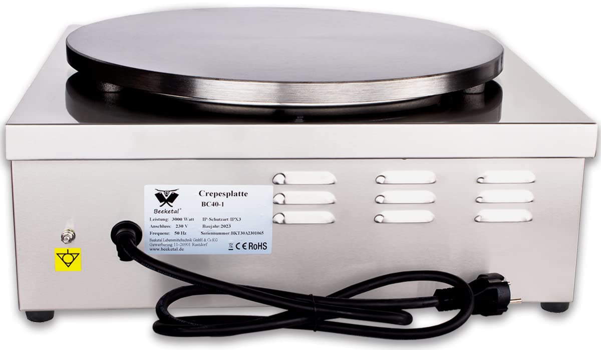 Beeketal 'BC40-1' Gastro Crepes Maker mit Ø 400 mm Gusseisen Crepesplatte, 50-300 °C stufenlos einstellbar, Profi Crepiere im Edelstahl Gehäuse mit extra Schublade