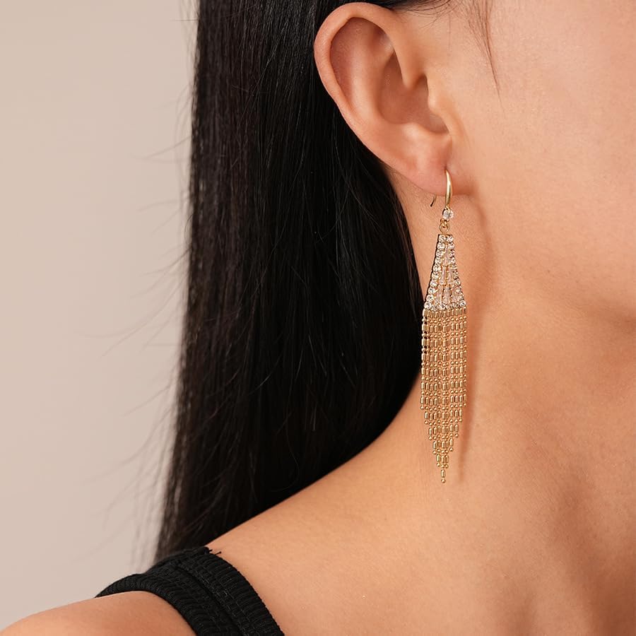 Rhinestone Triangle with Long Tassel Earrings for Women Sparkly Dangle Drop Earrings Wedding Party Jewelry - Image 4