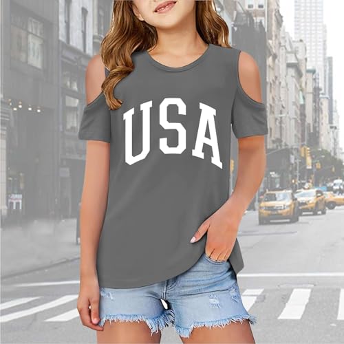 Girls Cold Shoulder T Shirts Kids USA Shirt Letter Print Short Sleeve Graphic Tees Casual Loose Basic Tunic Tops 3-12T2