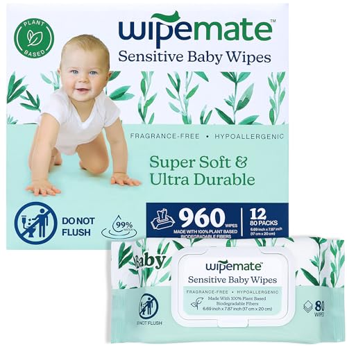 Sensitive Baby Wipes, Plastic-Free, Made With 99% Water, Premium Organic Plant-Based Baby Wipe, Unscented & Hypoallergenic for Baby’s Skin, Baby Botanic – 12 Flip-Top Packs (960 Count)