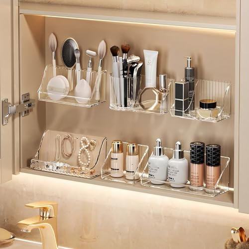 MORNITE 3 Pcs Medicine Cabinet Tray Organizer Small Adhesive Bathroom Vanity Floating Shelves Storage for Toilet Mirror Wall Countertop Clear
