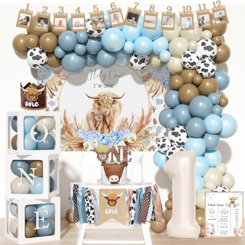 Costova Highland Cow 1st Birthday Decorations for Boys, 108 PCs - Holy Cow I’m One Birthday Party Supplies with Blue and Brown Backdrop, Balloon Garland, Banner, Cake Topper