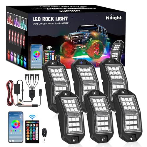 Image of Nilight RGB LED Rock Lights Kit 6 PCS 18LED Wide Angle Wheel Well Light with Remote & Bluetooth App Dual Control Multi Modes Underglow Multicolor Neon Pod for ATV UTV SUV Offroad Truck RZR Boat