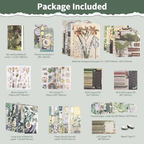 Image of Paper Vintage Aesthetic Scrapbook Kit(346Pcs) Scrapbooking Supplies Kit with Bullet Junk Journal,Stationery,A6 Grid Notebook Journaling Gift for Girl (Nature), Multi Color