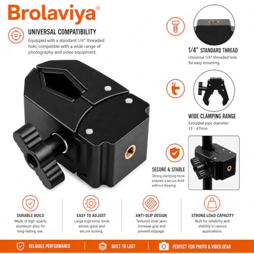 Image of Brolaviya Super Clamp with 1 /4 inch Interface Female Thread Mount, Adjustable Camera Clamp for 13-47mm Rods & Poles, Universal Mount for DSLR Camera, Action Camera, LED Light, Microphone, Bike & Tripod