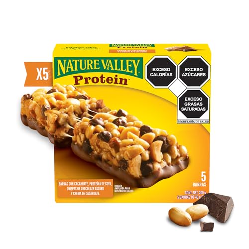 Listado de Barras los más recomendados. 46 Nature Valley Barras de Granola Protein con Cacahuate, Proteína de Soya, Chispas de Chocolate Oscuro y Crema de Cacahuate - 5 Piezas