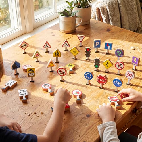 Image of Blosssound Wooden Toys Set for Preschool Classroom - Multicultural Career People Blocks Educational Wooden Play for Kids Learning Toys Play Games Activity Supplies(32 Pcs,Traffic Signals)