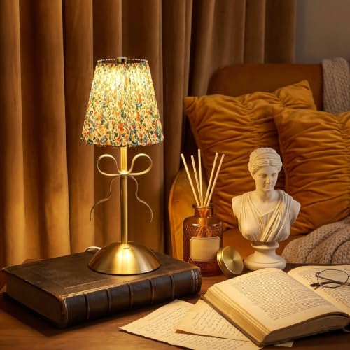 Image of Liliful 2 Pcs Cordless Table Lamp Rechargeable Touch LED Small Gold Portable Battery Operated USB-c Desk Lamp 3 Color Dimmable for Bedroom Living Room Dining (Gold,Floral Style Bow)
