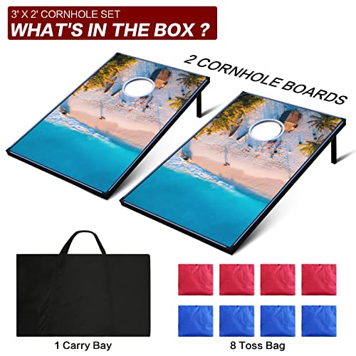 Raychee Led Cornhole Set, 4'X2'/3'X2'Regulation Size Cornhole Boards Games Set, Corn Holes Outdoor Game, Corn Hole Game Set W/ 2 Boards, 8 Beans Bags For Backyard, Beach, Lawn (3'×2' Sea Beach) #TOP2