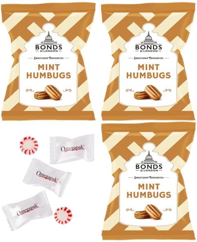 Bonds Of London British Hard Candy Mint Humbugs with Omegapak Starlight Mints, Individually Wrapped Old Fashioned Candy, Bundle of 3 Bags, 120g or 4.23 Oz. Each