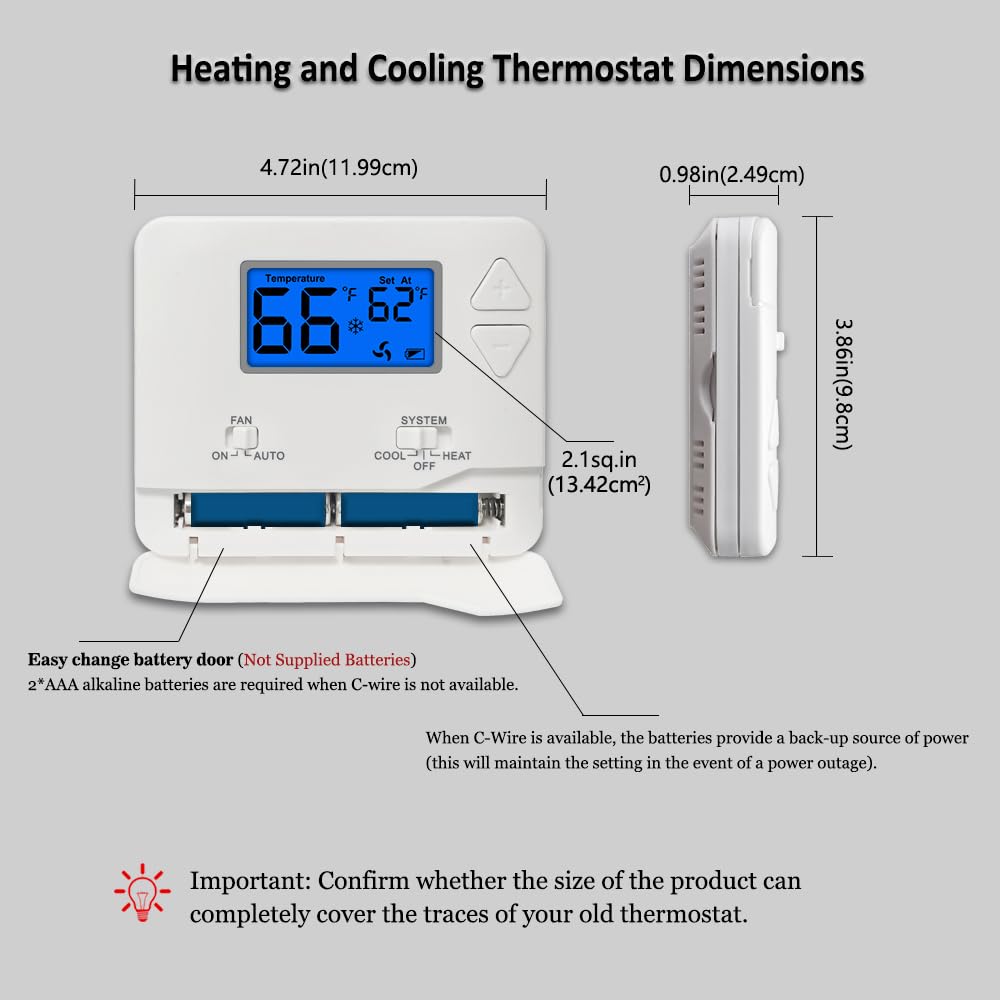 Termostato digital no programable para sistemas domésticos de una sola etapa, 1 calor/1 frío, fácil instalación, retroiluminación azul