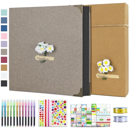 Image of Vienrose DIY Scrapbook Photo Album Kit with Pens Tapes and Stickers 60 Pages Hardcover 12x12 Inches 3 Rings Removable Black Paper Scrapbooking for Lover Friends Kids Wedding Grey