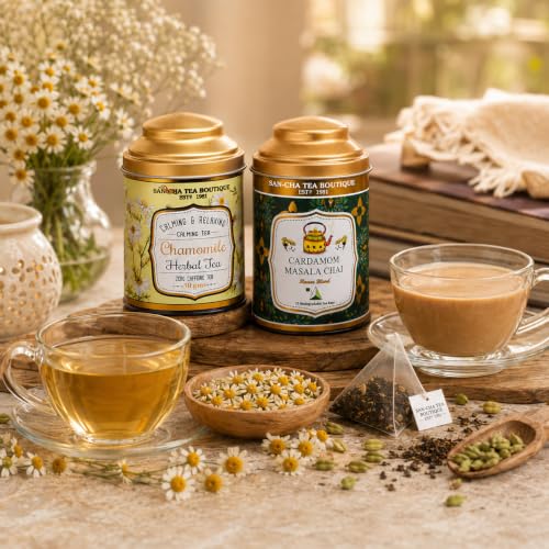 Image of Sancha Tea Boutique, Combo Pack: Chamomile Herbal (50g) & Cardamom Chai (25 Pyramid Bags), Elaichi Masala Blend with Real Ingredients