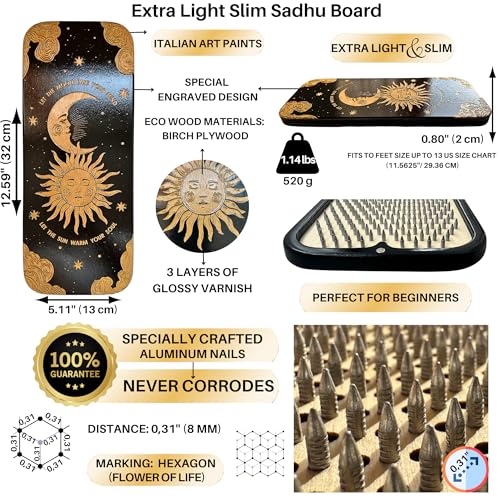 TENGRY Sadhu Board, Specially Crafted Aluminum & Copper Nails, Light Nail Board, 0.31 IN (8 mm), Beginners, Hexagon, Slim Sadhu Wood Board for Standing on Nails, Acupuncture Foot Massage, Yoga Gift