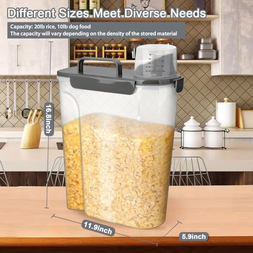 Image of Komzon Rice Storage Containers, Rice dispenser with Pouring Spout Portable Handle for Flour, Pasta, Grain and Baking, Pet Dog Cat Bird Food Container 20 LB Grey