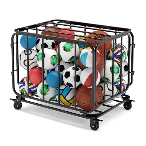 Ball Cart, Ball Storage, Basketball Cart, Volleyball, Large Metal Basket | Houseables Basketball Storage Bin, Sports Equipment Organizer, Holder Cage with Wheels, Gym, Recess, Soccer, Playground, PE