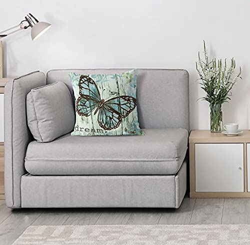 Set Of 2 Blue Butterfly Theme Throw Pillow Covers 18X18 Inch Wood Grain Cotton Linen Cushion Pillow Case Outdoor Sofa Pillows Covers For Couch Living Room Bed Patio Furniture Indoors Home Decor #TOP3