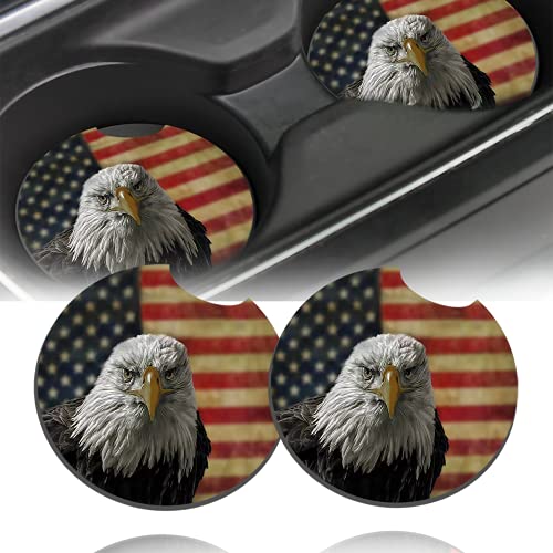 Car Coasters For Cup Holders, 2 Pack Cup Holder Coasters with Finger Notch, Anti Slip Coaster Mat Accessories Most Cars, Trucks, RVs and More, Auto Accessories for Women & Girls - 2.75 Inch/Bald Eagle