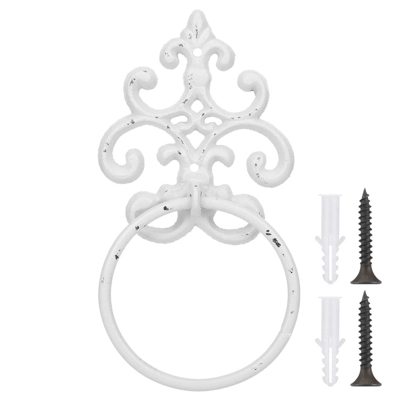 Otoolling 1 Pc Pearl White Vintage Cast Iron Solid Towel Ring Fleur De Lis Design Antique Towel Holder for Bathroom Kitchen Accessories Wall Mounted Christmas Party Gifts