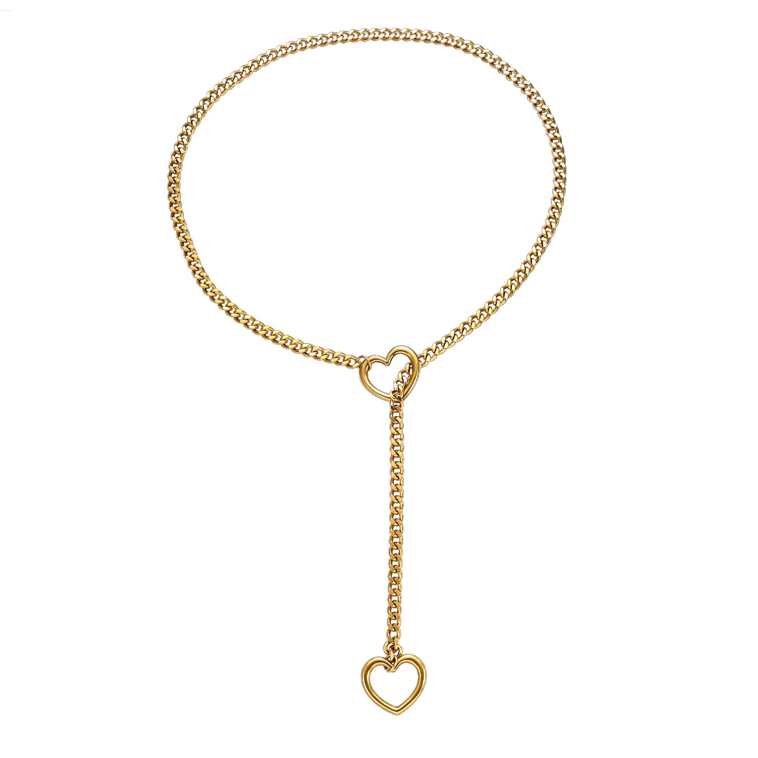Qitian Stainless Steel Adjustable Lariat Y-Necklace for Men,Punk Gothic Cuban Necklace Jewelry,Heart O-ring Slip Chain Necklace for Women (Gold)
