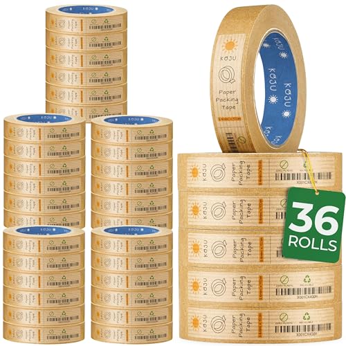 Koju Kraft Paper Packing Tape 24mm x 50m | 1/3/6/36 packs | Eco Friendly & Recyclable Brown Paper Tape for Parcel Packing & Picture Framing | 36 Pack