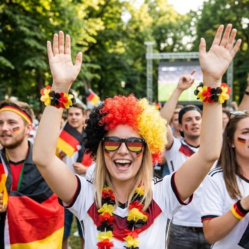 Deutschland Fanartikel, Fußball WM 2026, 13 Stück WM 2026 Fanartikel Set mit Perücke Brille Girlanden Aufkleber und Pfeife, WM Fanartikel für Stadionbesuche und Nationalmannschaft Unterstützun