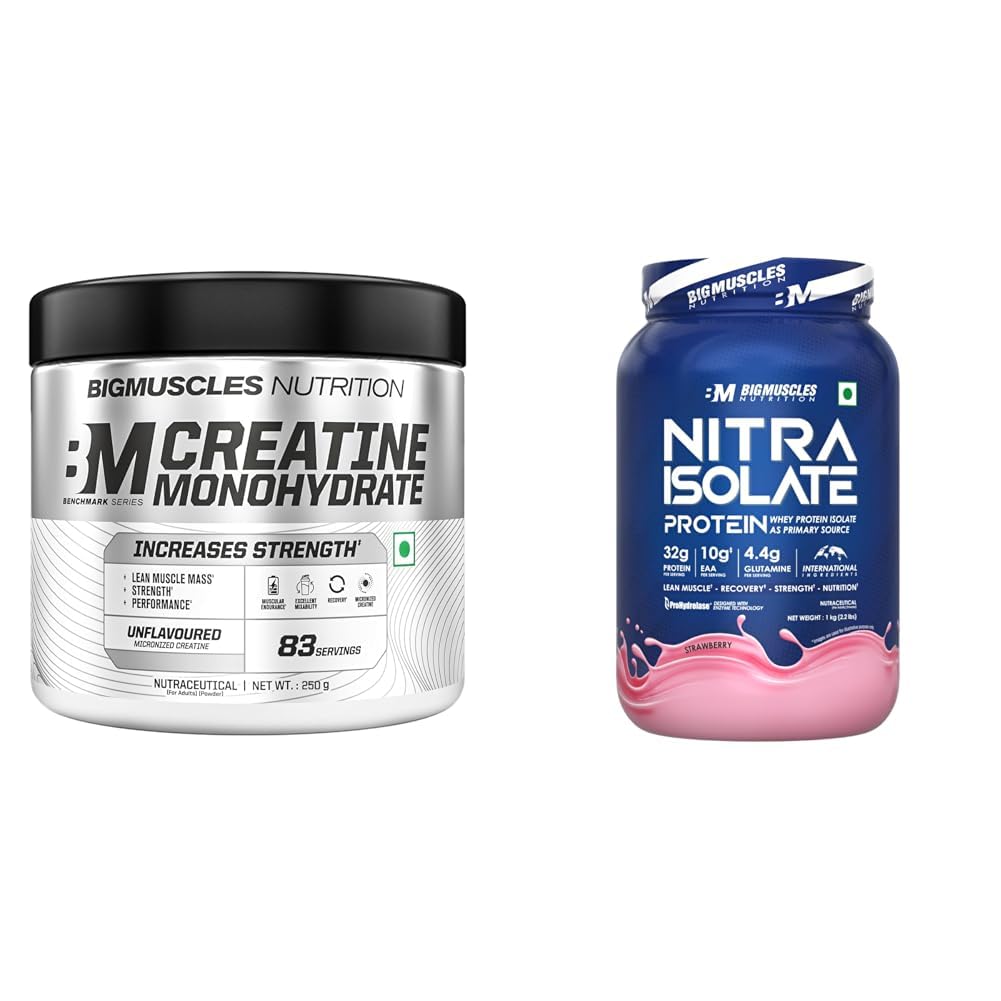 Bigmuscles Nutrition Creatine Monohydrate [83 Servings, Unflavoured] | Micronised Creatine Powder | Bigmuscles Nutrition Nitra Isolate [1kg, Strawberry] | 32g Protein | 10g EAA | Whey Protein with P-image-47