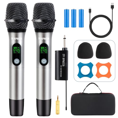 Ev Spaces EV-102 Rechargeable Wireless Microphone Pa System - Professional Dual Uhf Metal Handheld Mics For Karaoke, Weddings, Parties, Speeches - Long Range (200Ft), Cordless Dynamic Mic Kit, Plug And Play