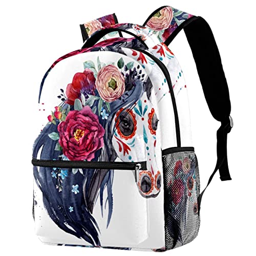 Mochila al aire libre juvenil con flores y caballo para universidad y senderismo ligero