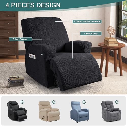 Image of Ruaozz Recliner Sofa Covers Oversized Recliner Chair Covers Recliner Covers for Reclining Chair with Pockets Washable Furniture Protector with Elastic Bottom (1 Seater-X Large, Black)