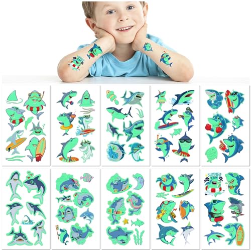 10 Láminas Tatuajes Temporales de Tiburón que Brillan en la Oscuridad para Niños Impermeables Dibujos Animados Fiesta del Océano Calcomanías Divertidas Regalo de Animal Marino Lindo